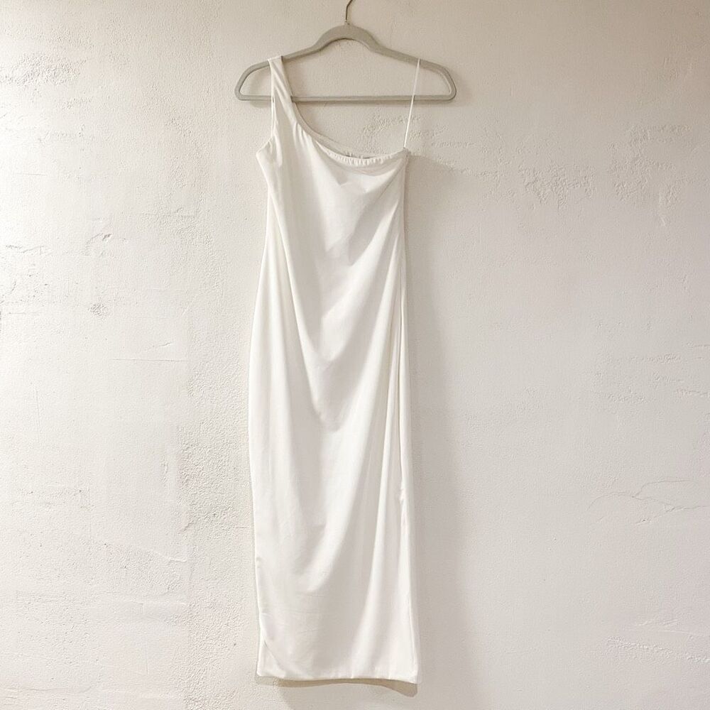 NEW Because of Alice Asymmetric Midi Dress in White Medium